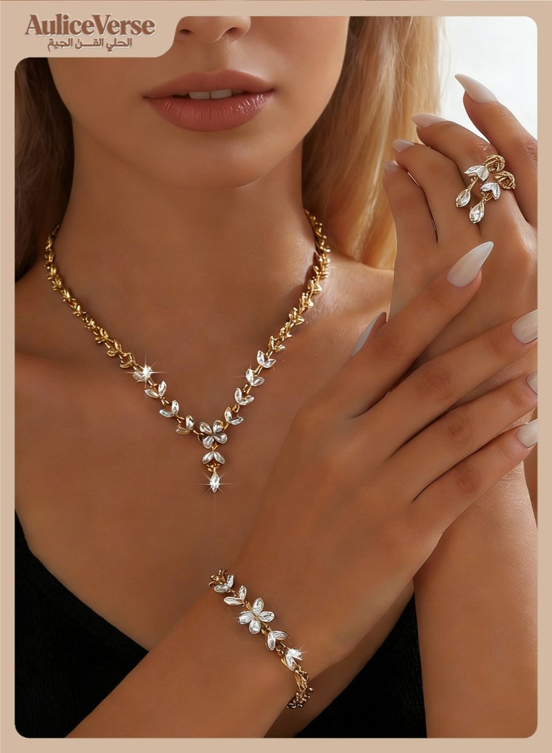 أوليس فيرس  هدية فالنتاين - مجموعة 3 قطع قابلة للتعديل (عقد، أقراط، سوار) بتصميم شراب النجمة من المعدن والكريستال مع علبة هدية - مثالية للحفلات الزواجية، الحفلات والمناسبات المسائية - Image 1